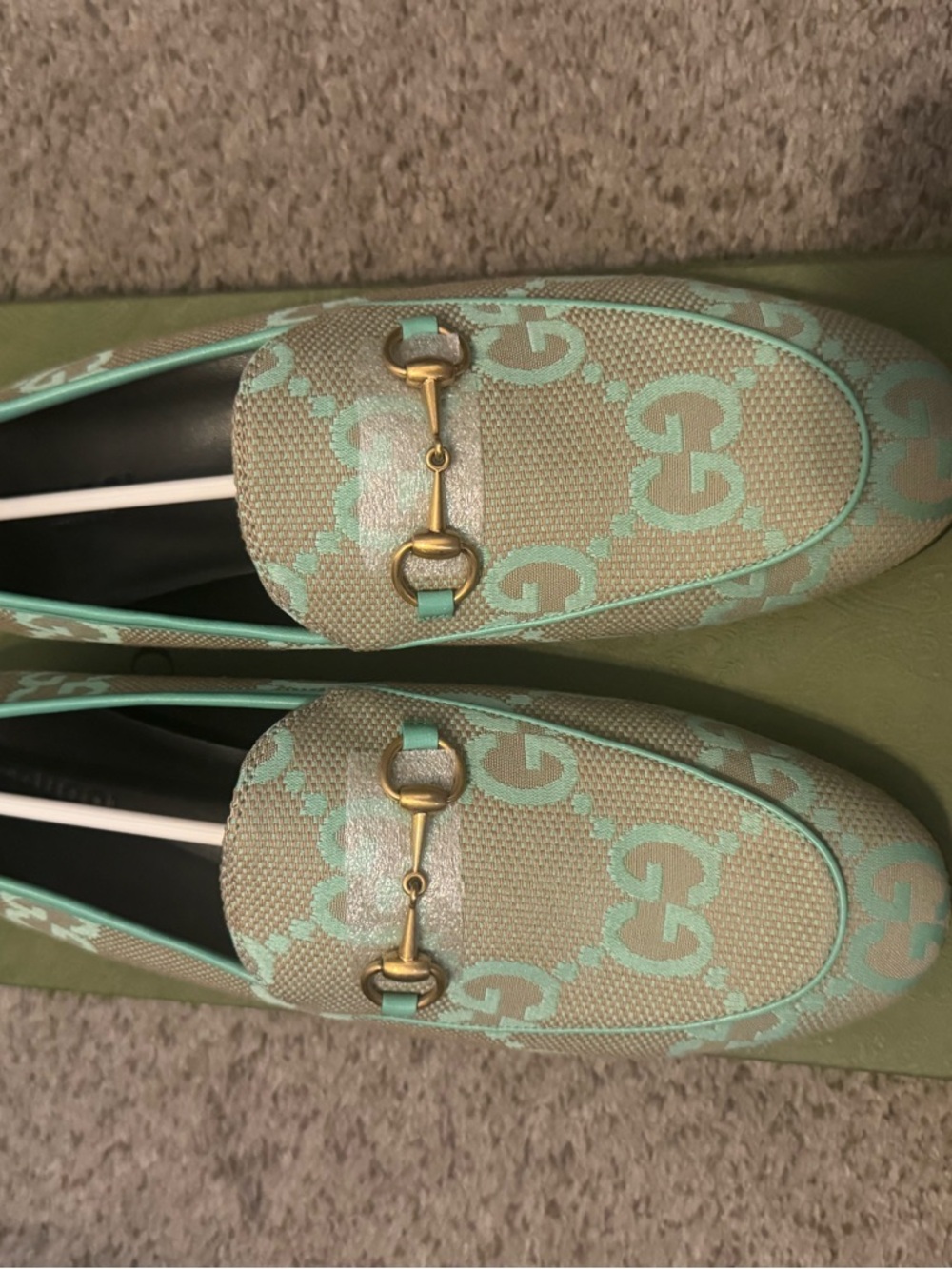 🆕 Gucci jordaan jumbo GG Mint and Beige Horsebit Loafers - Picture 3 of 7